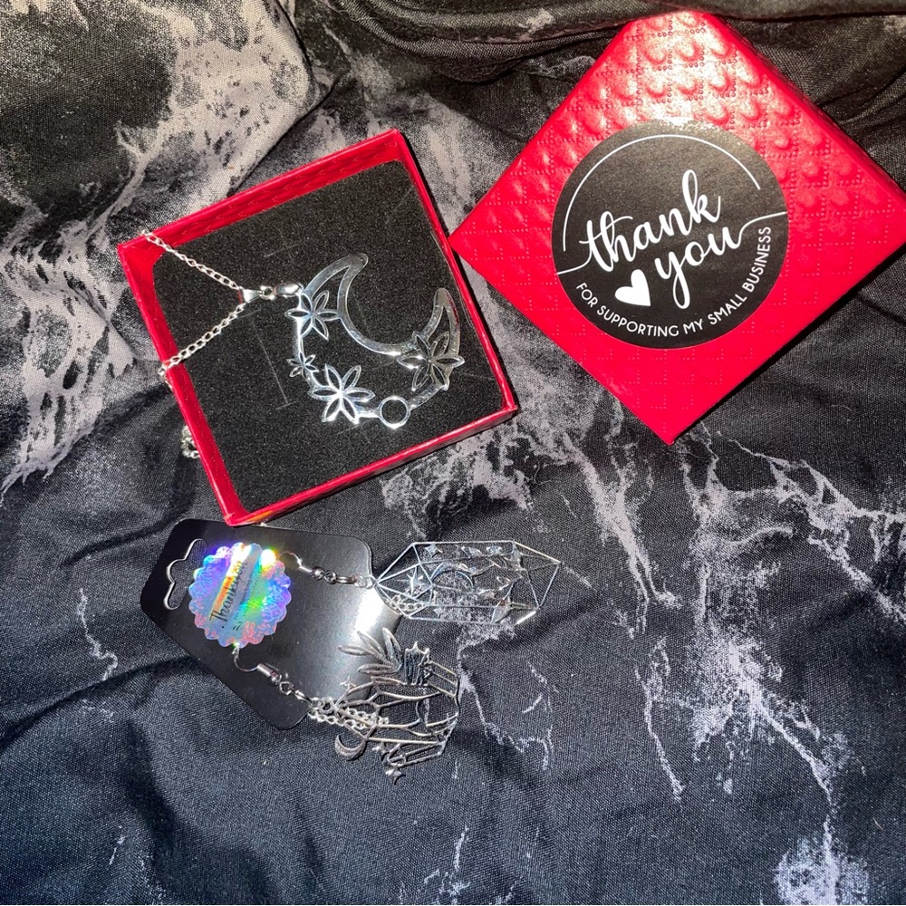 Handmade Silver Star and Moon long chain Necklace and Crystal Earring Set